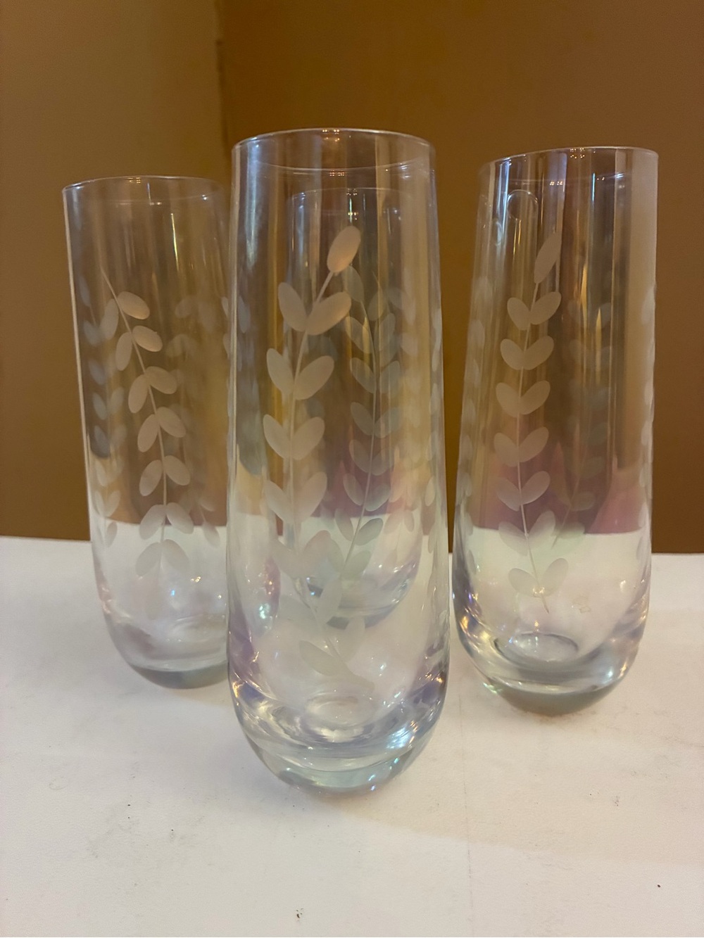 Set of 4 Indigo Etched Vine Botanical Stemless Champagne Flutes Wine Glasses